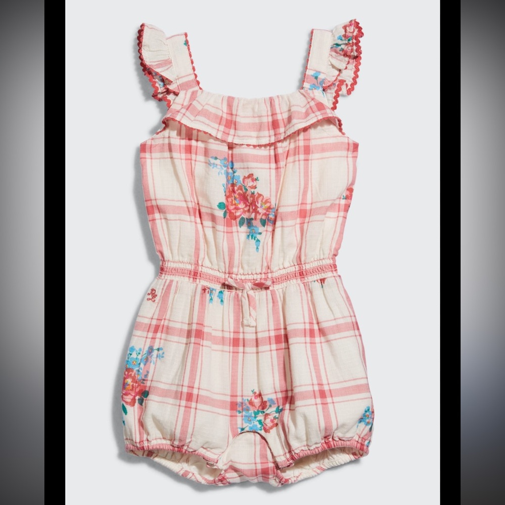 Ralph Lauren 18m Baby Girl Pink & White Plaid Floral Cotton Dobby Romper